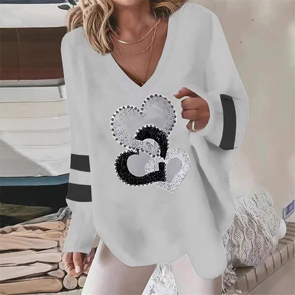 Damen nan übergroßer Strickpullover mit tiefem Ausschnitt Paillettenherz und Kontrastarmstreifen Drune