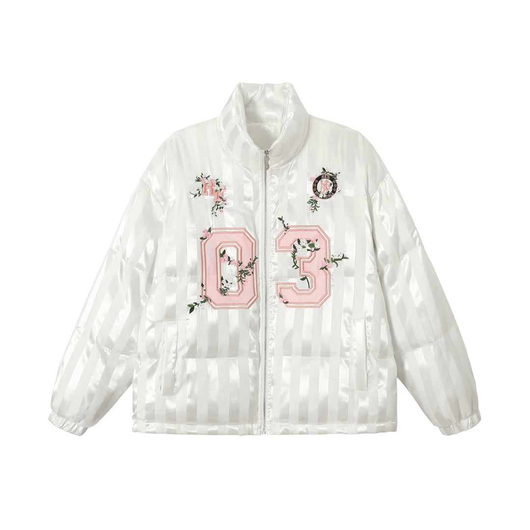 Damen Boxy gesteppte Satin‑Pufferjacke mit floralem Stickdetail Drune