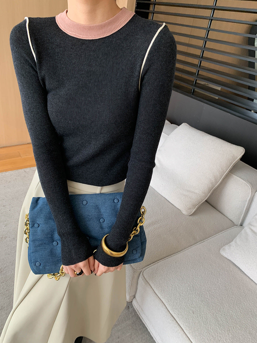 Damen elegantes langärmliges Rippoberteil mit kombiniertem Rollkragen Drune