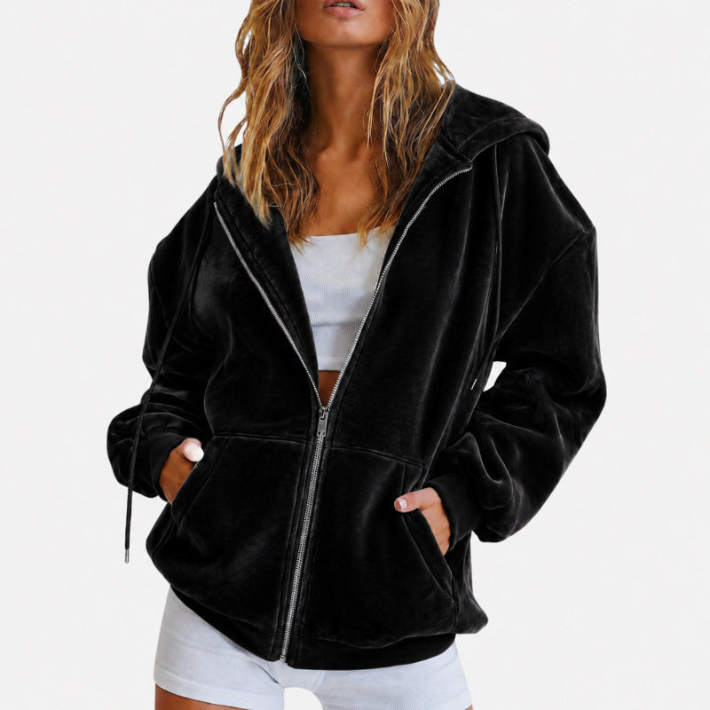 Damen Oversize Velours-Kapuzenjacke mit Reißverschluss Drune