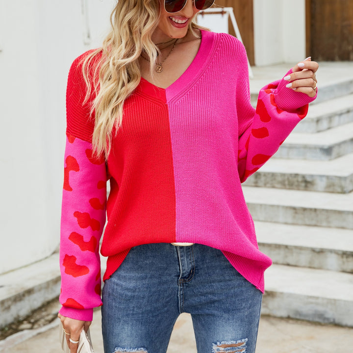 Damen farbenfroher Pullover im modischen Blockfarben-Design mit Leopardenmuster Drune