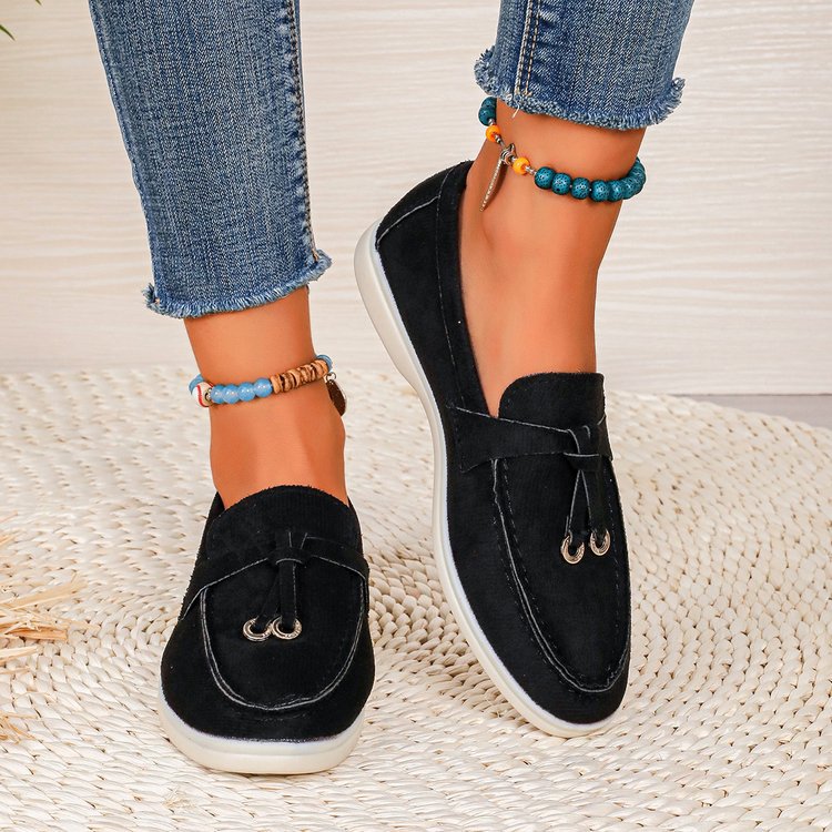 Damen Slipper-Loafer aus Velourslederoptik mit dekorativem Knotenriemen und leicht profilierter Gummisohle Drune