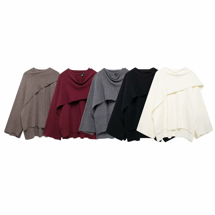 Damen nan zweilagiger Strickponcho mit asymmetrischem Saum und dekorativem Knopfkragen Drune