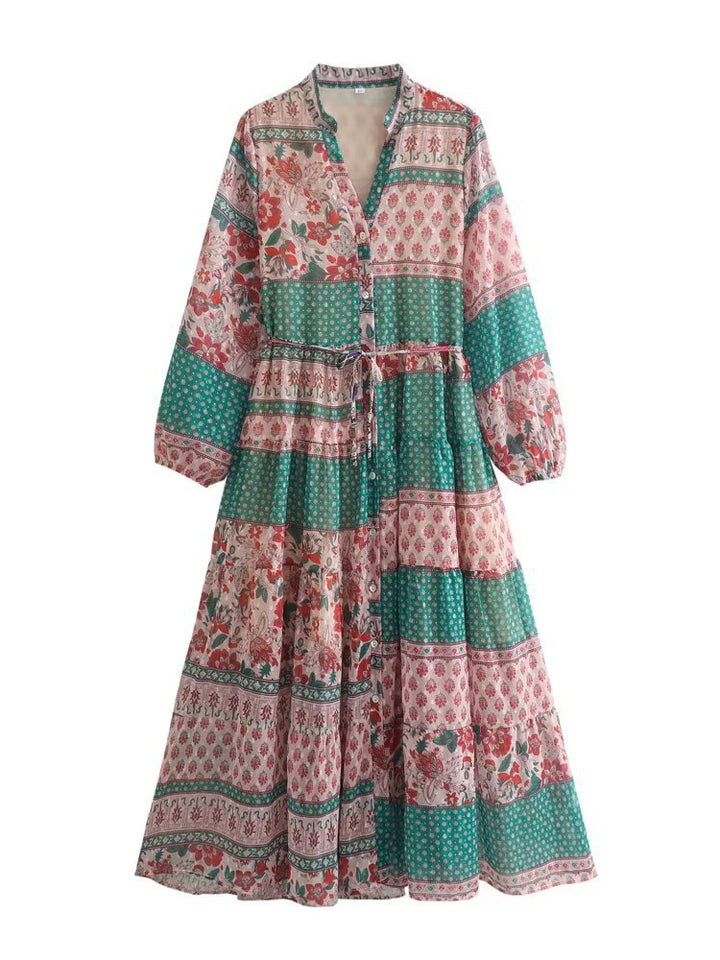 Damen Maxikleid mit Paisley‑Print, V‑Ausschnitt, Taillenband und Stufenrock Drune