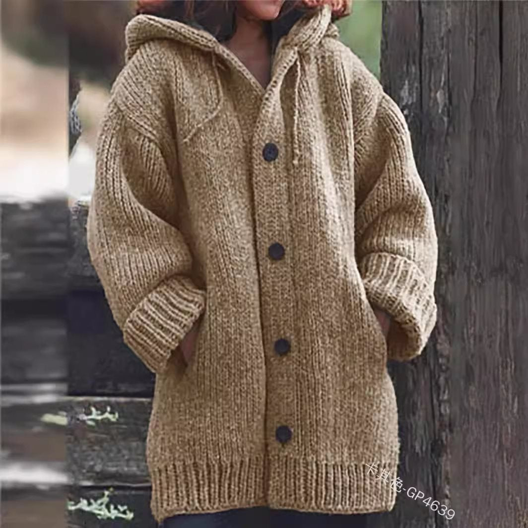 Damen weit geschnittener Kapuzen-Strickmantel mit Knopfleiste und Eingrifftaschen Drune