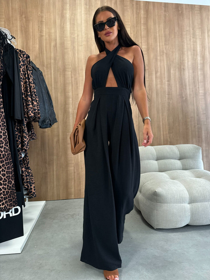 Damen Jumpsuit mit tiefem V-Ausschnitt und weiten Beinen Drune