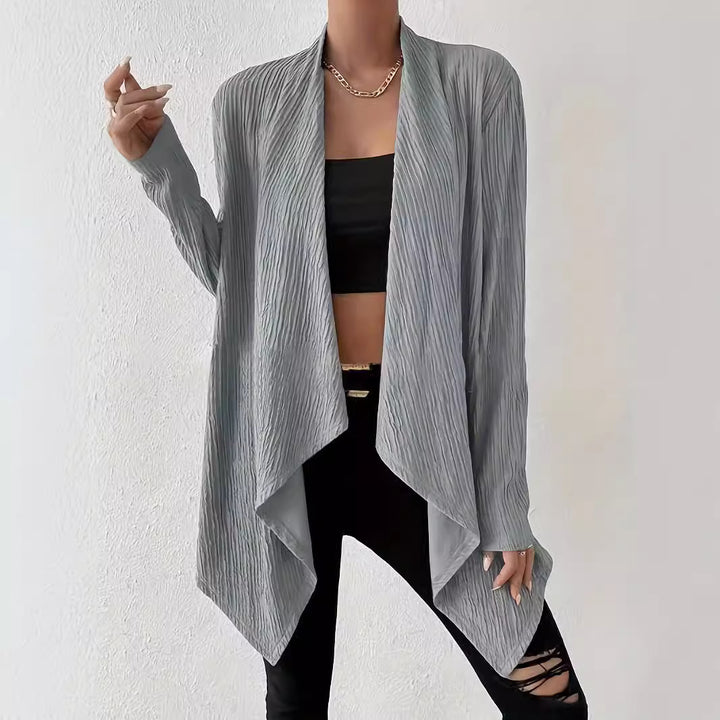 Damen Offener Crinkle-Cardigan mit Wasserfall-Saum und Longline-Silhouette Drune