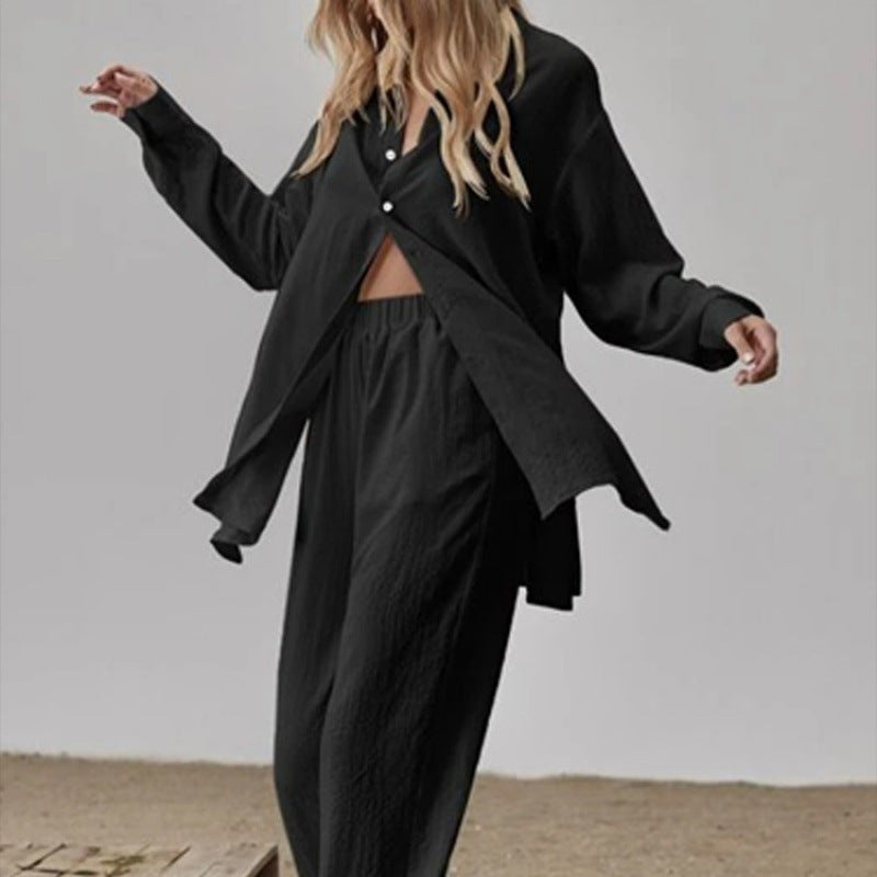 Damen Satin Pyjama Set mit langärmliger Bluse und weiten Hosen Drune