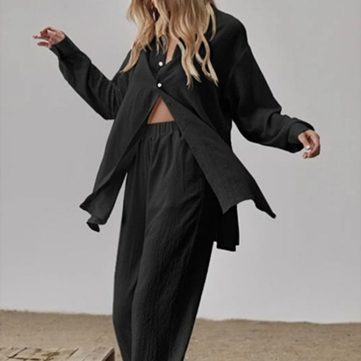 Damen Satin Pyjama Set mit langärmliger Bluse und weiten Hosen Drune
