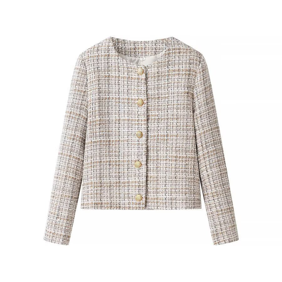 Damen Boxy-Bouclé-Tweed-Jacke mit goldknopf-Detail und leichter Innenfutter Drune