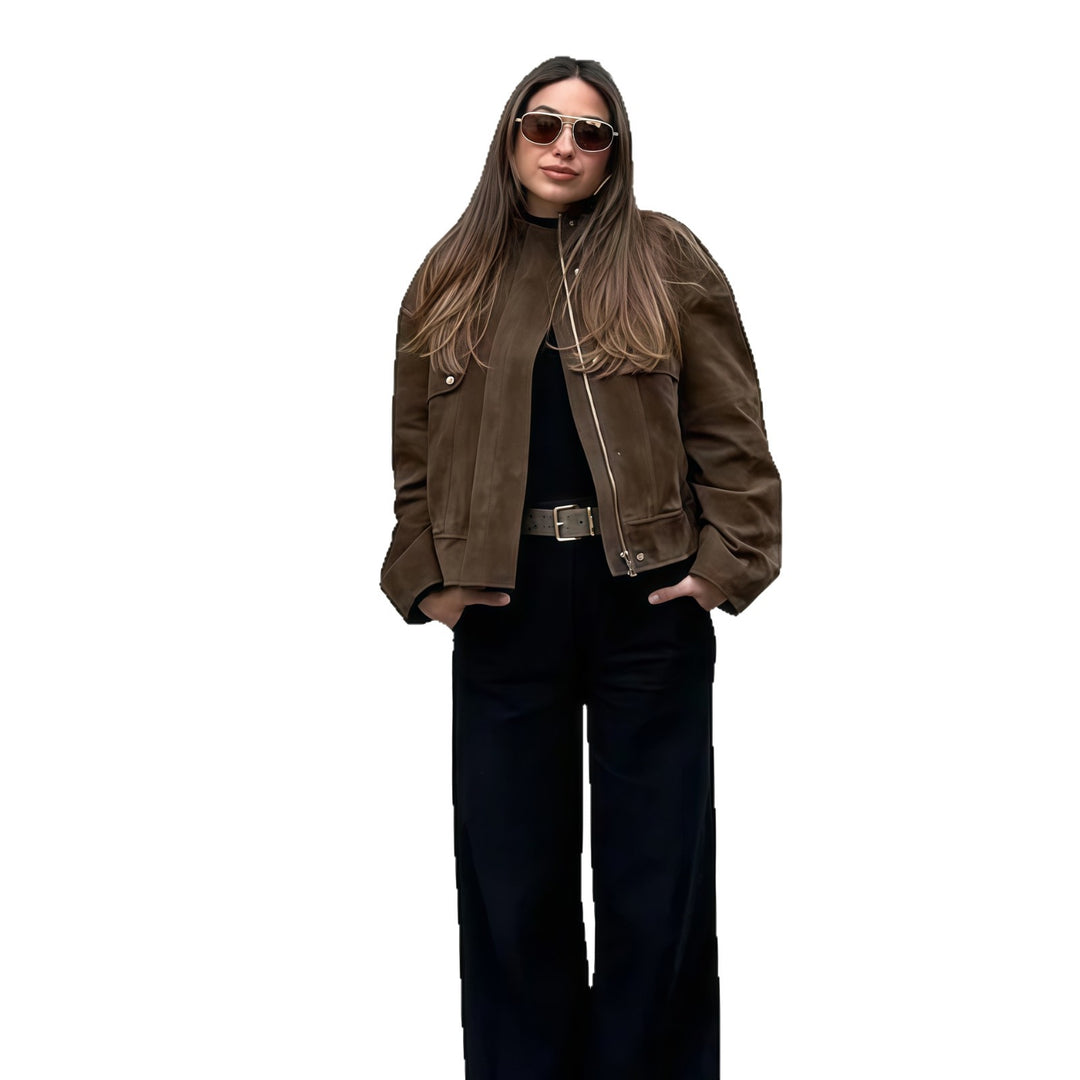 Damen Elegante Kunstlederjacke mit modernem Stehkragen Drune