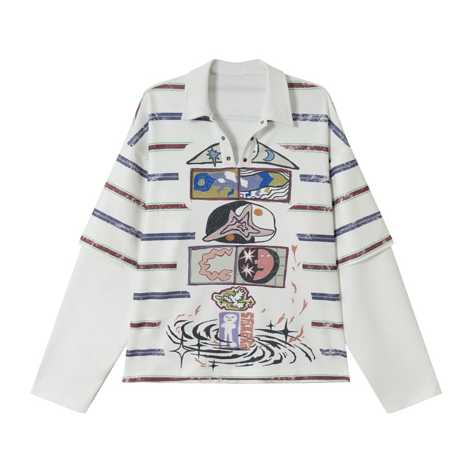 Damen Waffel-Polo-Shirt mit Grafik-Print, Streifen und halber Druckknopfleiste Drune