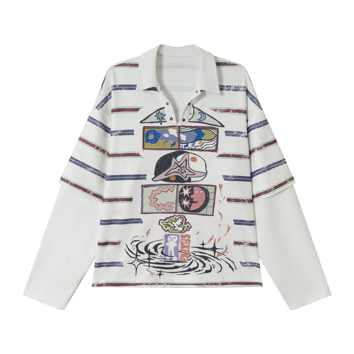 Damen Waffel-Polo-Shirt mit Grafik-Print, Streifen und halber Druckknopfleiste Drune
