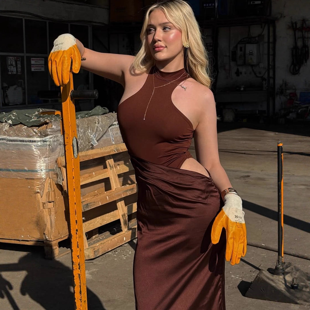 Damen Elegantes Maxikleid mit figurformendem Halterneck und drapiertem Rock Drune