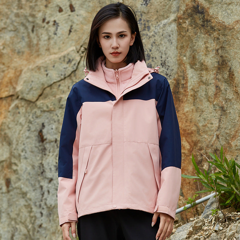 Unisex zweilagige wasserabweisende Outdoorjacke mit Kapuze und Colorblock-Design Drune
