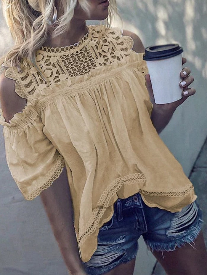 Damen nan luftige Cold-Shoulder-Bluse mit gehäkeltem Stehkragen, geraffter Brustpartie und gewelltem Saum Drune