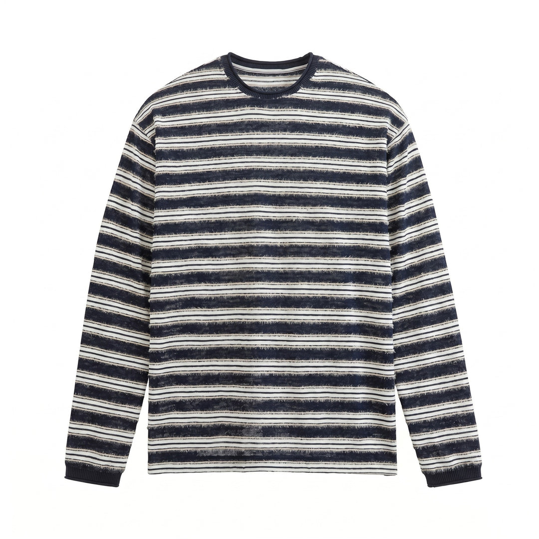 Unisex Langärmliges Feinstrick-Shirt mit Ringelstruktur und geripptem Kragen Drune