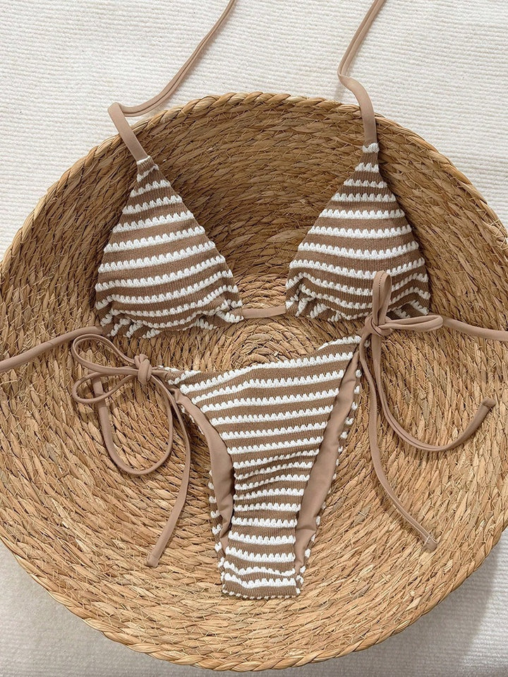 Damen Triangel-Bikini mit modischem Streifenmuster und verstellbaren Bindebändern Drune