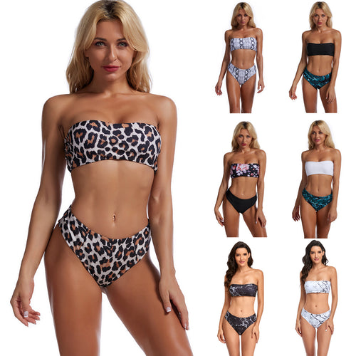 Damen Bandeau-Bikini mit floralem Oberteil und hohem Bund Drune