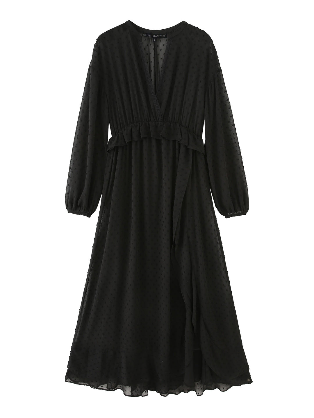 Damen nan luftiges Chiffon Midikleid mit V-Ausschnitt und Volantbund Drune