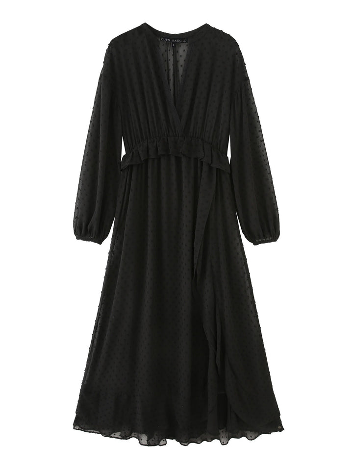 Damen nan luftiges Chiffon Midikleid mit V-Ausschnitt und Volantbund Drune