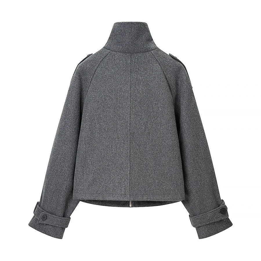Damen nan kurze boxy Wollmixjacke mit hohem Stehkragen, Schulterpatten und verstellbaren Schnallenmanschetten Drune