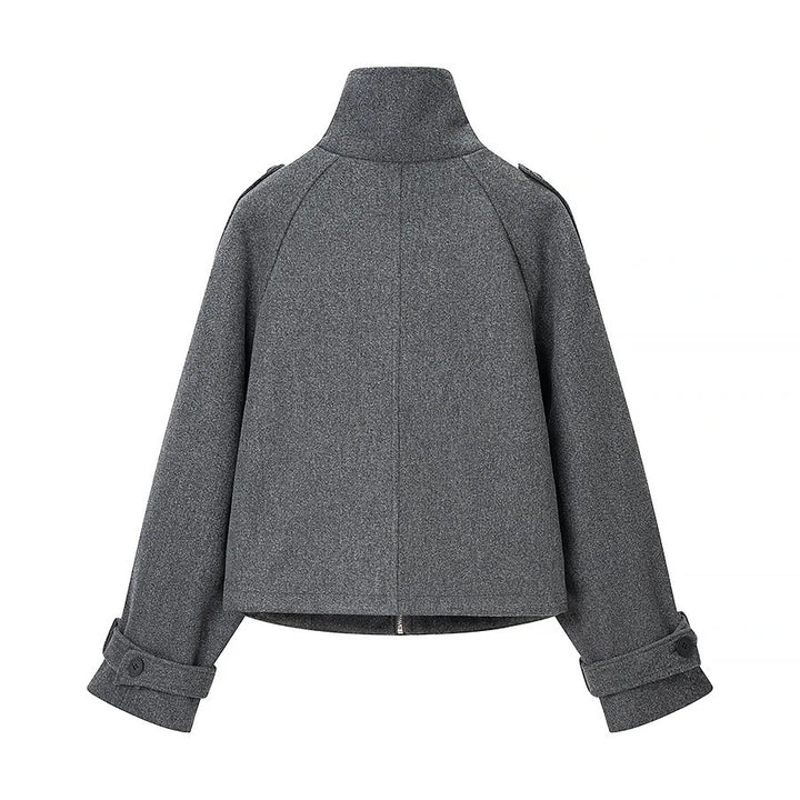 Damen nan kurze boxy Wollmixjacke mit hohem Stehkragen, Schulterpatten und verstellbaren Schnallenmanschetten Drune