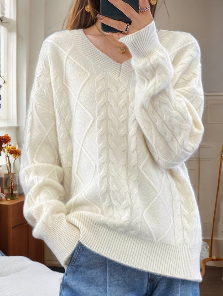 Damen nan kuscheliger V-Ausschnitt Zopfmuster-Pullover mit Oversize-Schnitt und Rippabschlüssen Drune