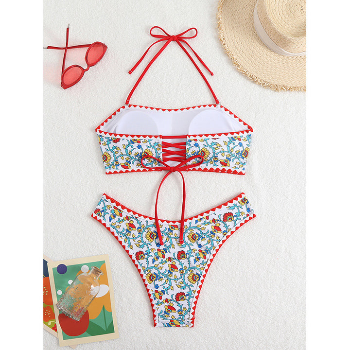 Damen Bandeau-Bikini mit floralen Mustern und verspieltem Rüschensaum Drune