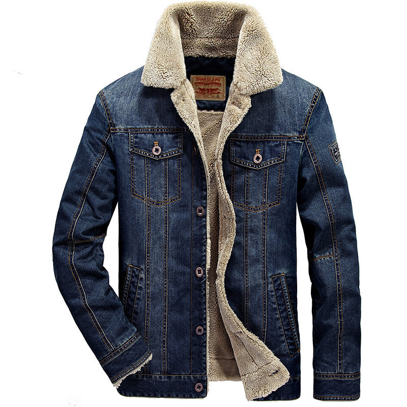 Herren Thermo-Denimjacke im Truckerstil mit vollem Teddyfleece-Innenfutter und hohem Umlegekragen Drune