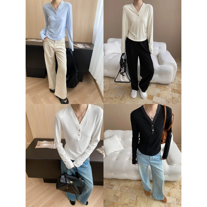 Damen Langarm-Henley-Shirt mit Knopfleiste und lockerem Schnitt Drune