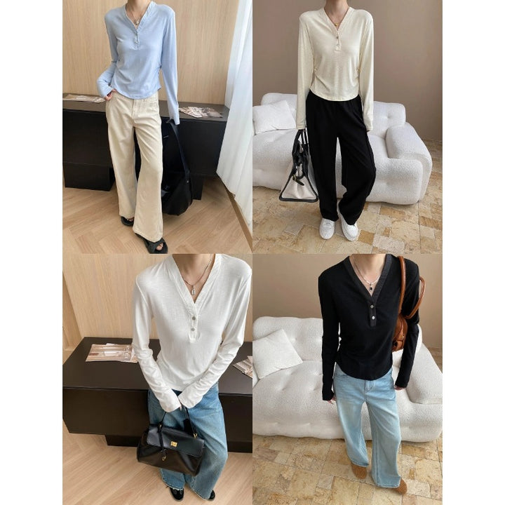 Damen Langarm-Henley-Shirt mit Knopfleiste und lockerem Schnitt Drune