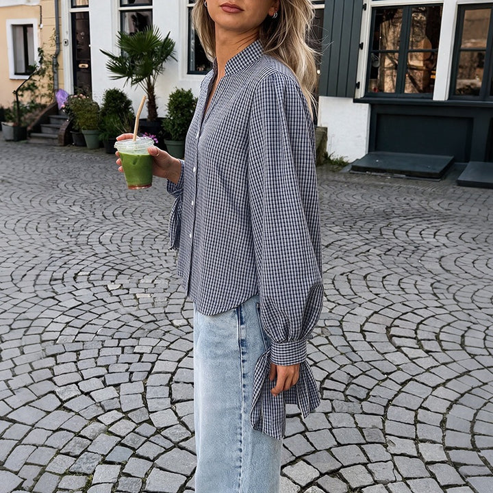 Damen Locker geschnittene Vichy-Karo-Bluse mit Stehkragen, Knopfleiste und Bindemanschetten Drune