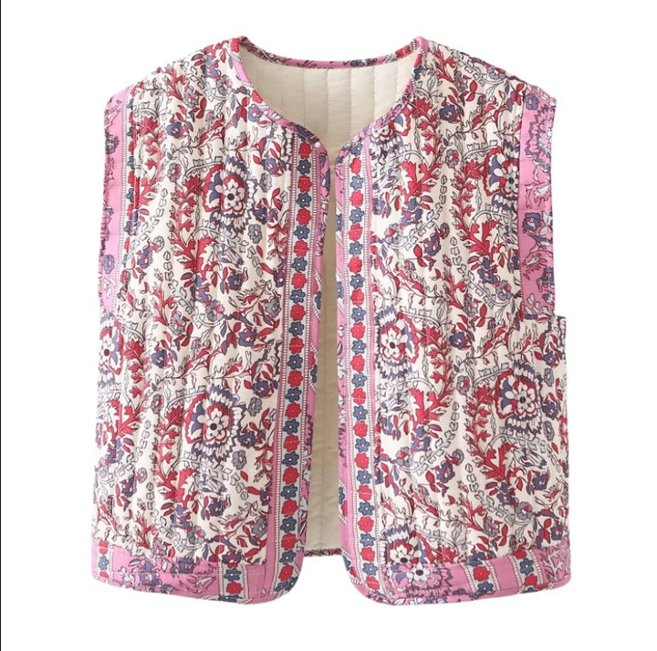 Damen gesteppte Weste mit floralem Design und praktischen Taschen Drune