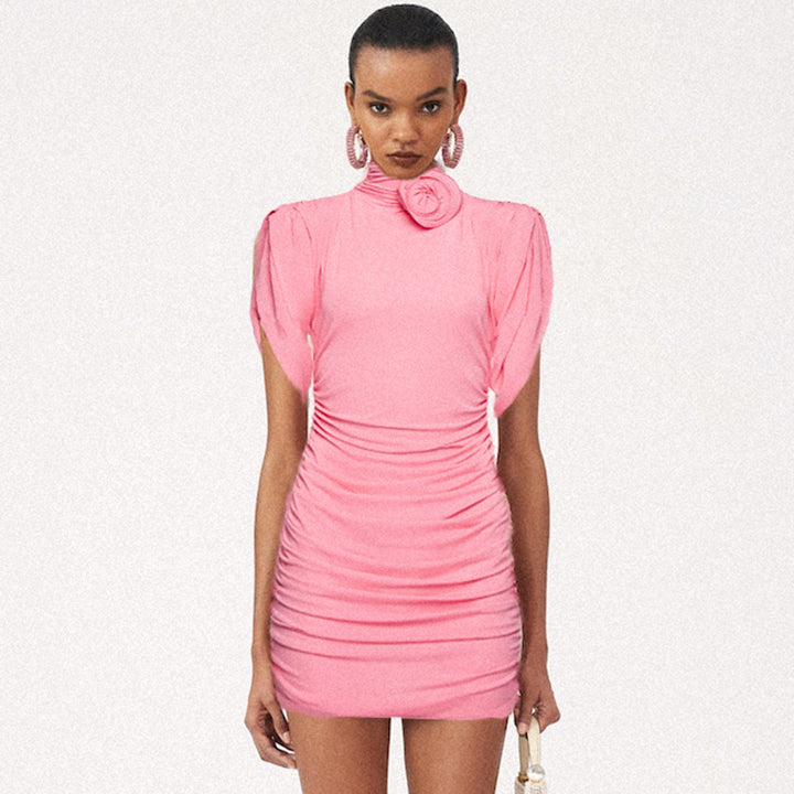 Damen figurbetontes Kleid mit hochgeschlossenem Kragen und Rüschen-Details Drune