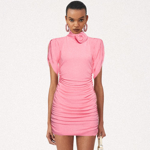 Damen figurbetontes Kleid mit hochgeschlossenem Kragen und Rüschen-Details Drune