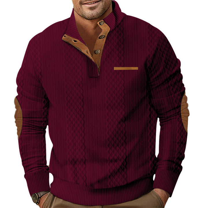 Herren nan strukturierter Strickpullover mit Stehkragen, Knopfleiste und Ellenbogenpatches Drune