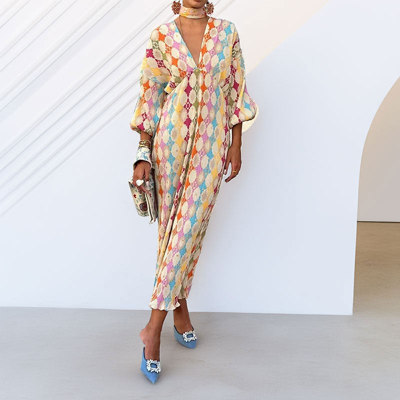Damen Maxikleid mit modernen geometrischen Mustern und voluminösen Ärmeln Drune