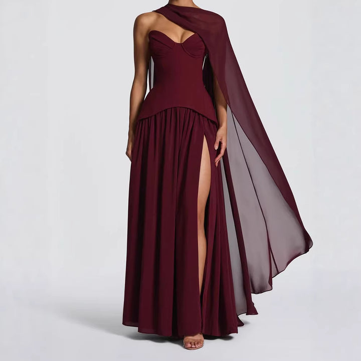 Damen Elegantes Maxikleid mit Abnehmbarem Cape Drune