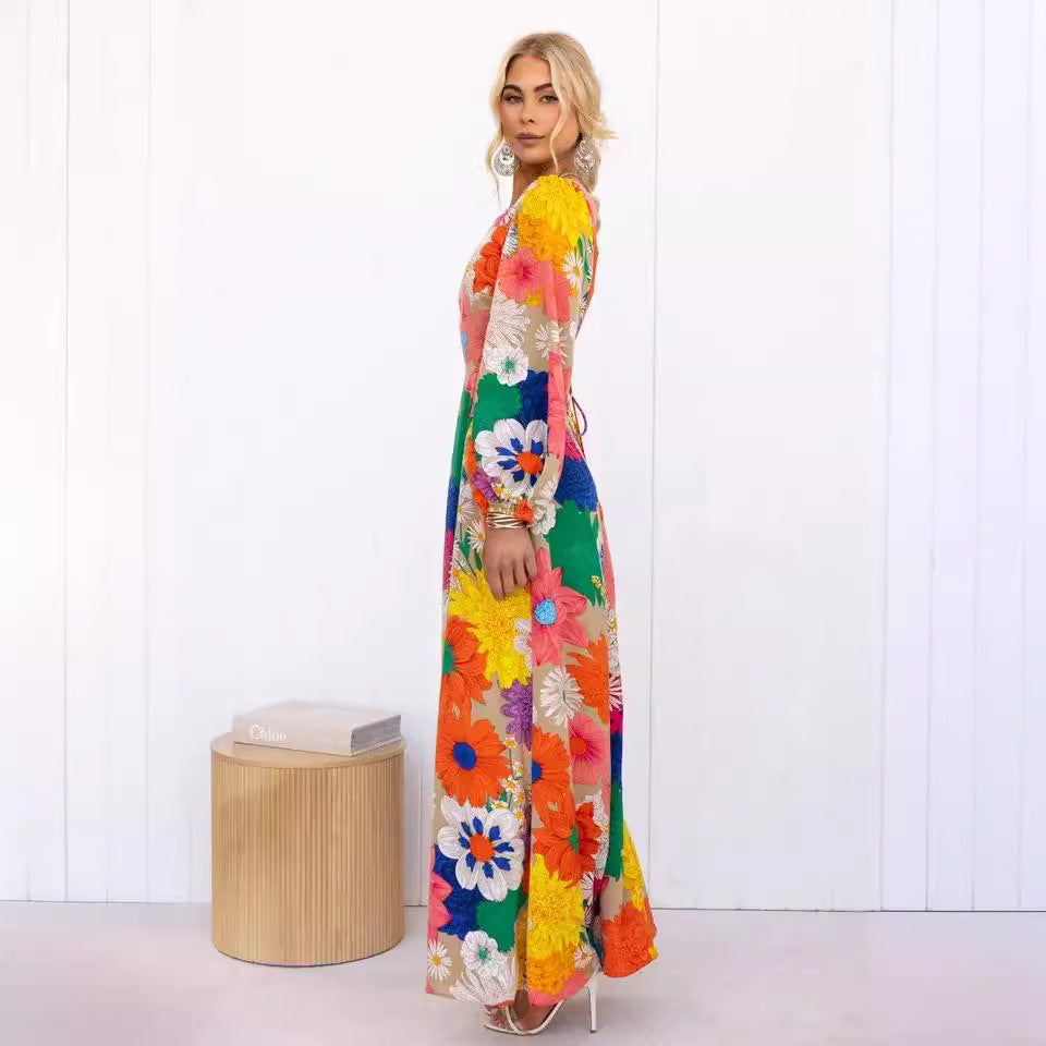 Damen Blumenmaxikleid mit voluminösen Ärmeln und floralem Allover-Print Drune
