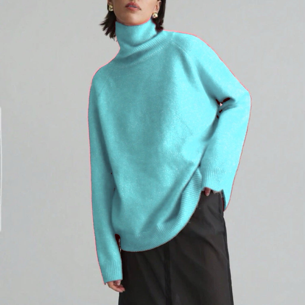 Damen Oversize Rollkragen-Feinstrickpullover mit Raglanärmeln und seitlichen Schlitzen Drune
