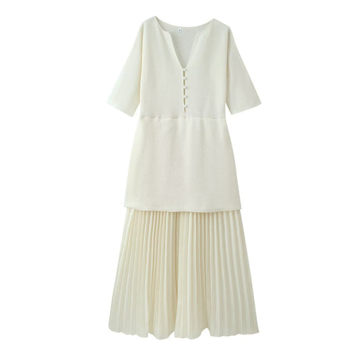 Damen plissiertes Midi-Kleid mit eleganter Knopfleiste und V-Ausschnitt Drune