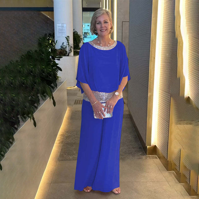Damen Elegantes Zweiteiliges Abendensemble mit Chiffon-Cape, Paillettenbesatz und Palazzo-Hose Drune