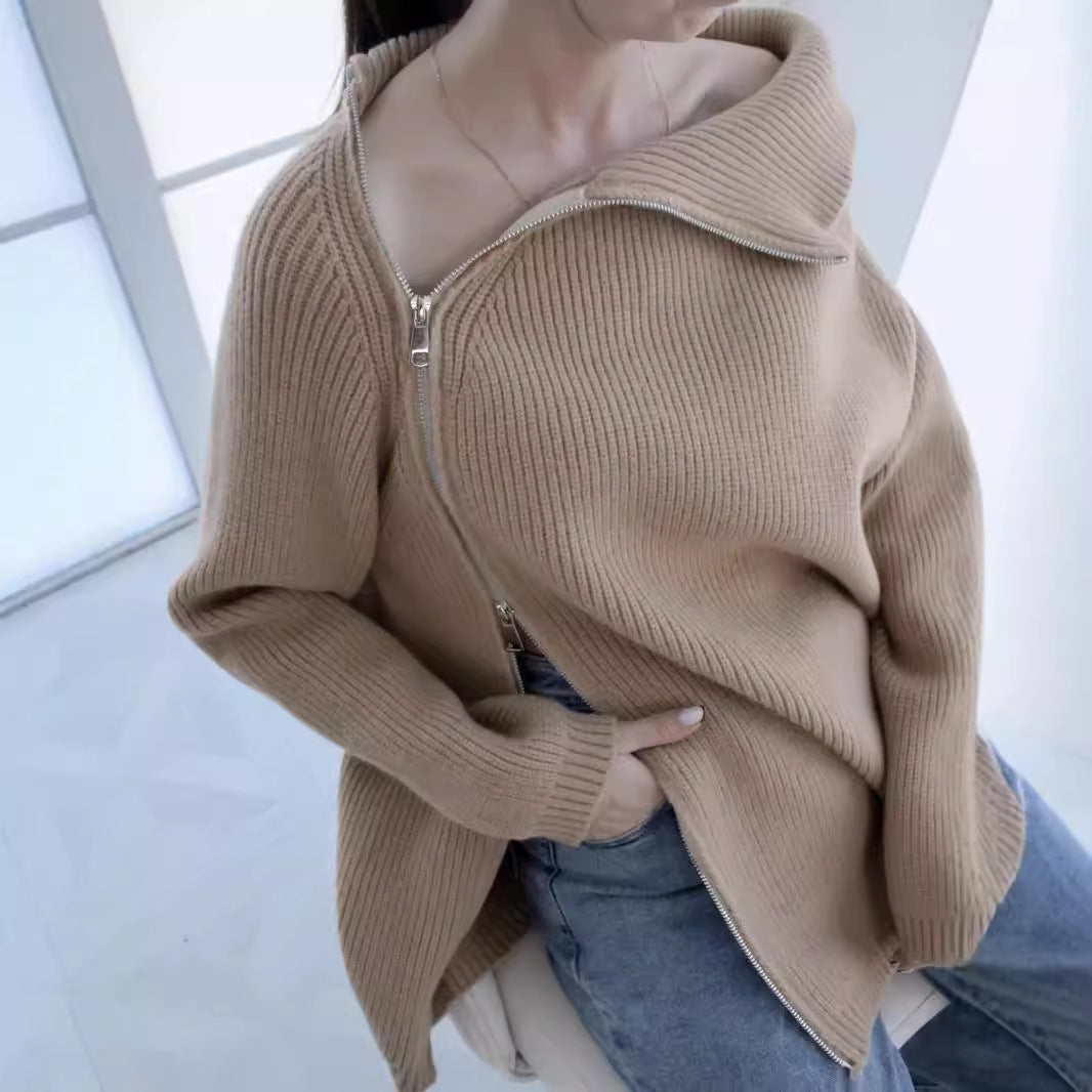 Damen Oversized Pullover mit asymmetrischem Reißverschluss und hochgeschlossenem Kragen Drune