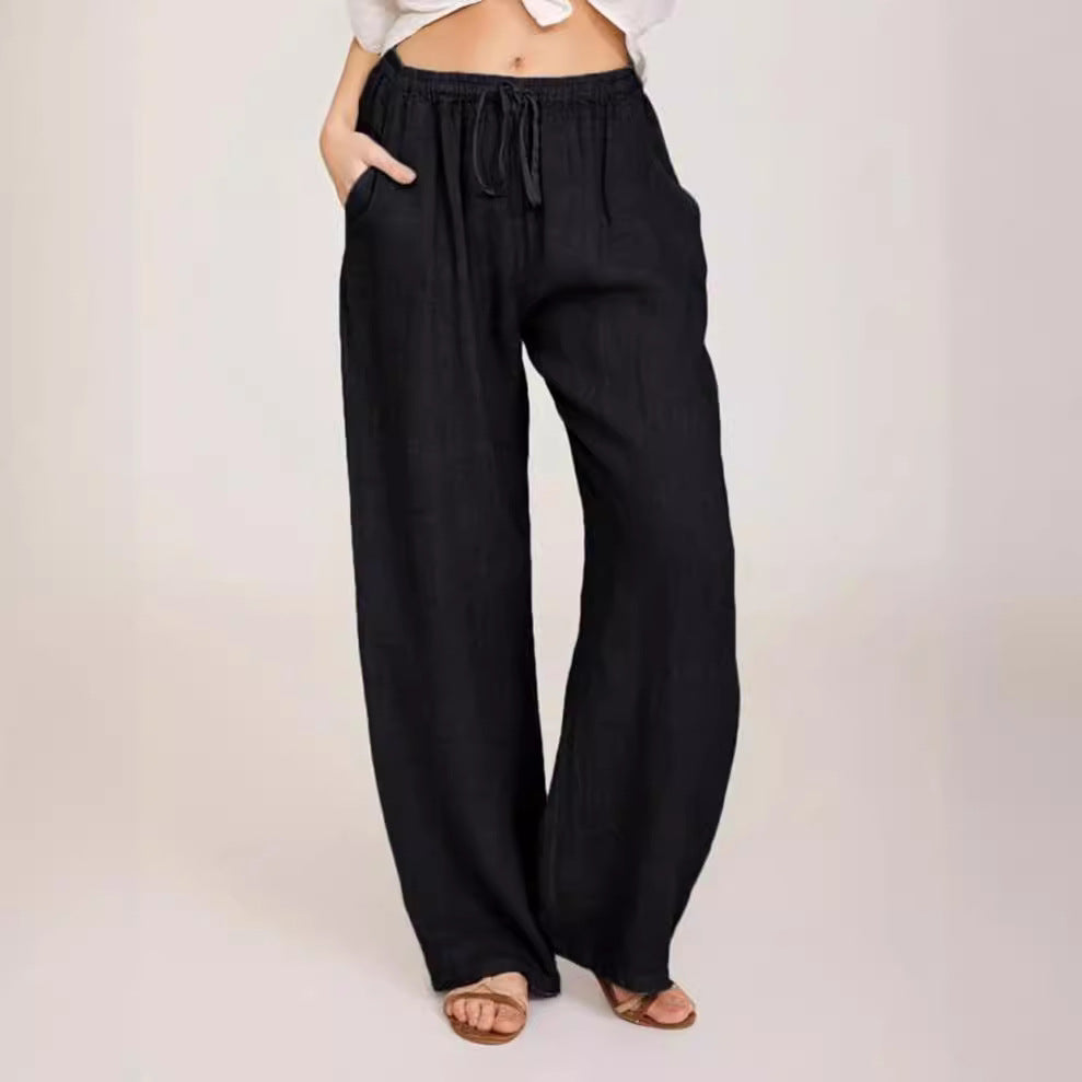Damen luftige Palazzo-Hose mit Tunnelzugbund, elastischem Taillenabschluss und seitlichen Eingrifftaschen Drune