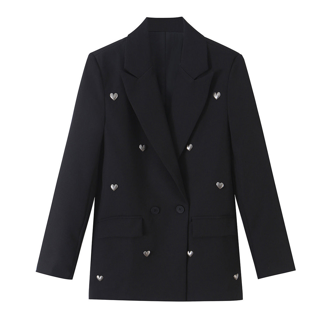 Damen Doppelreihiger Blazer mit herzförmigen Metallknöpfen, Pattentaschen und tailliertem Schnitt Drune