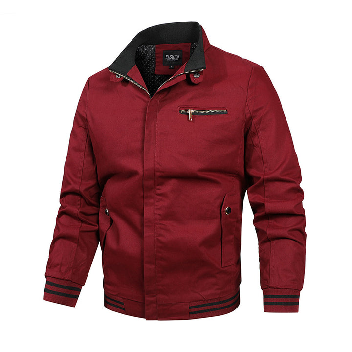 Herren nan moderne Canvas-Bomberjacke im Varsity-Stil mit gestreiften Rippbündchen und verdeckter Frontleiste Drune