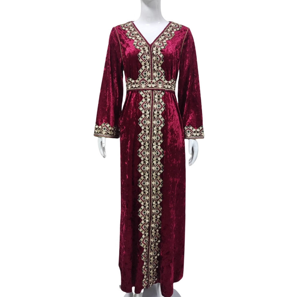 Damen Samt‑Maxikleid im Kaftanstil mit bestickter Mittelblende und Taillengürtel Drune