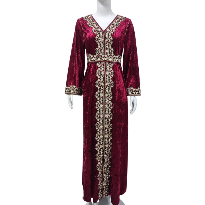 Damen Samt‑Maxikleid im Kaftanstil mit bestickter Mittelblende und Taillengürtel Drune