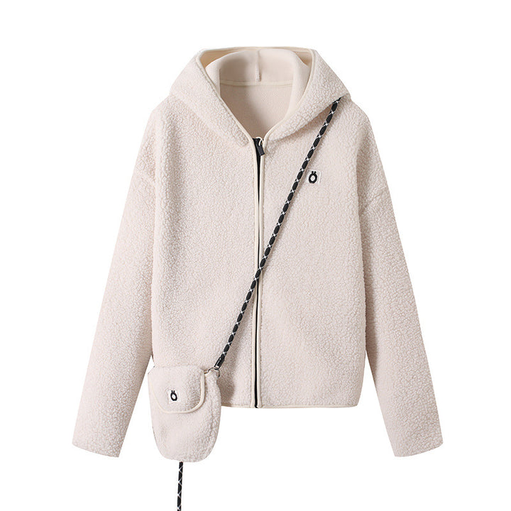 Damen kuschelige Fleecejacke mit Kapuze und praktischer Umhängetasche Drune